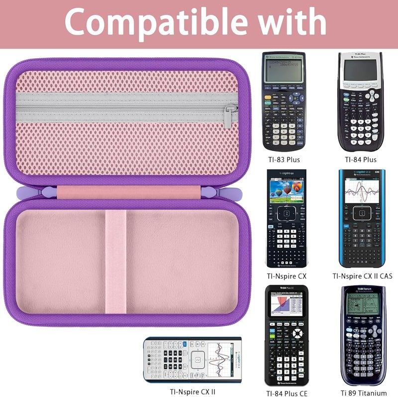 Baval Calculator Case Compatible with Texas Instruments TI-84 Plus CE/TI-84 Plus/TI-Nspire CX II CAS/TI-Nspire CX II/TI-83 Plus/TI-89 Titanium Color Graphing Calculator(Pink Case,Purple Zipper) - Image 3